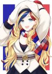  1girl :d beret black_skirt blonde_hair blue_eyes blue_hair buttons commandant_teste_(kantai_collection) commentary_request flag_background french_flag hat jacket kantai_collection long_hair long_sleeves morinaga_miki multicolored multicolored_clothes multicolored_hair multicolored_scarf open_mouth pleated_skirt pom_pom_(clothes) redhead scarf skirt smile solo streaked_hair white_hair white_hat white_jacket 