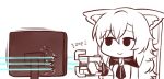  1girl animal_ears chair chibi closed_mouth dead_space energy_gun eyebrows_visible_through_hair imaizumi_kagerou laser long_hair looking_away monitor partially_colored plasma_cutter smile solo touhou upper_body weapon wolf_ears wool_(miwol) 