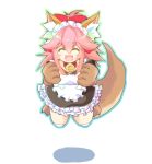  1girl animal_ears apron bell bell_collar breasts cat_hair_ornament cat_paws closed_eyes collar fangs fate/grand_order fate_(series) fox_ears fox_tail gloves hair_ornament hair_ribbon highres jingle_bell jumping long_hair maid_headdress paw_gloves paw_shoes paws pink_hair ponytail red_ribbon ribbon shoes simple_background solo souno_ruuta tail tamamo_(fate)_(all) tamamo_cat_(fate) white_background 