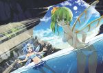  2girls ass bangs bare_shoulders bikini bikini_day bikini_skirt blue_bikini blue_bow blue_eyes blue_hair blush bow breasts cirno clouds collarbone commentary_request daiyousei day dutch_angle green_eyes green_hair hair_between_eyes hair_bow hair_ornament hairclip ice ice_wings maturiuta_sorato medium_breasts multiple_girls ocean orange_bow outdoors palms partially_underwater_shot revision ribbon rock short_hair side-tie_bikini side_ponytail sideboob small_breasts sun sunlight swept_bangs swimsuit touhou untied untied_bikini wading wardrobe_malfunction water white_bikini white_ribbon wings 