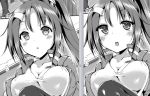  1girl :o blush breasts cleavage collarbone copyright_request greyscale jacket large_breasts long_hair mokufuu monochrome multiple_views ponytail track_jacket 