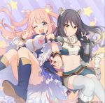  2girls animal_ears black_hair boots hand_holding highres kashiwazaki_hatsune kashiwazaki_shiori long_hair multiple_girls open_mouth pink_hair pointy_ears princess_connect! princess_connect!_re:dive smile star tail thigh-highs v violet_eyes yellow_eyes 