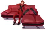  1boy black_footwear brown_eyes brown_hair closed_mouth couch high_collar jacket looking_at_viewer male_focus pants persona persona_2 red_jacket red_pants shoes simple_background solo suou_tatsuya u-ka_(pixiv5407) white_background zipper 