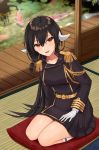  1girl :d aiguillette arm_support azur_lane bangs belt black_hair blush breasts buttons carp collarbone commentary_request double-breasted epaulettes eyebrows_visible_through_hair gloves gold_trim hair_between_eyes hair_tie hand_on_own_thigh head_tilt highres horns indoors kikumon kinokorec kneehighs large_breasts long_hair long_sleeves looking_at_viewer medium_breasts mikasa_(azur_lane) military military_uniform open_mouth seiza shirt sidelocks simple_background sitting skirt sliding_doors smile solo tatami thighs tied_hair uniform veranda white_background white_gloves white_shirt 