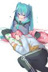  2girls absurdres aqua_eyes aqua_hair artist_name black_jacket closed_eyes commentary drawstring expressionless green_pants half-closed_eyes hatsune_miku highres hood hooded_jacket jacket knees_apart_feet_together lap_pillow long_hair megurine_luka multiple_girls pants pillow pink_hair sleeping smile spring_onion_print track_pants twintails twitter_username very_long_hair vocaloid wanaxtuco white_background white_jacket 