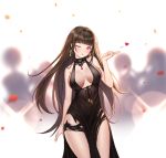  1girl :o alternate_costume arm_ribbon armlet bangs bare_shoulders black_dress blunt_bangs blurry blurry_background blush breasts brown_hair cleavage closed_mouth confetti cowboy_shot cup dress dsr-50_(girls_frontline) earrings floating_hair flying_heart girls_frontline gold hand_up head_tilt highres holding jewelry large_breasts light_particles long_hair looking_at_viewer one_eye_closed red_eyes ribbon ring sidelocks sitting siun skindentation smile solo thighs 