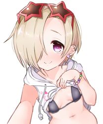  1girl bikini_top black_bikini_top blonde_hair blurry blush bracelet breasts breasts_apart closed_mouth commentary_request depth_of_field drawstring earrings eyewear_on_head hair_over_one_eye highres hood hoodie hoodie_lift idolmaster idolmaster_cinderella_girls jewelry lifted_by_self looking_at_viewer nako_mameta navel nose_blush outstretched_arm pearl_bracelet reaching_out red-framed_eyewear self_shot shiny shiny_hair shirasaka_koume short_hair sleeveless sleeveless_hoodie small_breasts smile solo star-shaped_eyewear stomach sunglasses tareme violet_eyes 