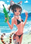  1girl :d absurdres animal_ears beach bikini black_hair blurry breasts cowboy_shot day depth_of_field fangs finger_on_trigger hair_ribbon halterneck highres index_finger_raised kawakami_rokkaku looking_at_viewer navel ocean one-piece_tan open_mouth outdoors ribbon scan side-tie_bikini small_breasts smile solo swimsuit tail tan tanline thigh_strap tiger_ears tiger_tail toranoana twintails violet_eyes water water_gun 