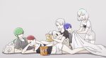  5others alternate_costume androgynous bangs blanket blonde_hair blue_hair blunt_bangs cairngorm_(houseki_no_kuni) casual chips closed_eyes contemporary diamond_(houseki_no_kuni) drooling eating food green_eyes green_hair grey_background grey_hair hair_over_one_eye highres houseki_no_kuni jade_(houseki_no_kuni) long_hair lying multicolored_hair multiple_others mydeerwitch navel on_side phosphophyllite phosphophyllite_(ll) popcorn potato_chips rainbow_hair redhead rutile_(houseki_no_kuni) shirt short_hair shorts sleeping sleeping_on_person smile snack spoilers stuffed_animal stuffed_toy t-shirt tank_top white_eyes white_hair yellow_eyes 