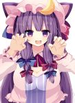  1girl :d absurdres an_(miyoshi_ruu) animal_ears blue_bow blue_ribbon blush bow breasts cat_ears claw_pose cleavage commentary_request crescent crescent_hair_ornament dress eyebrows_visible_through_hair fangs hair_bow hair_ornament hands_up hat hat_ribbon highres kemonomimi_mode large_breasts leaning_forward long_hair long_sleeves looking_at_viewer mob_cap open_mouth patchouli_knowledge pink_hat purple_dress red_bow red_neckwear red_ribbon ribbon sidelocks simple_background smile solo striped touhou upper_body vertical-striped_dress vertical_stripes very_long_hair white_background 