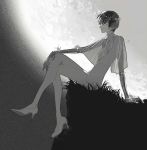  androgynous artist_request bangs blunt_bangs greyscale high_heels highres houseki_no_kuni looking_at_viewer monochrome moon phosphophyllite phosphophyllite_(ll) see-through short_hair sitting solo sparkle spoilers stiletto_heels 