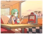  1other alternate_costume androgynous booth cherry contemporary couch diner drinking_straw food fruit green_eyes green_hair houseki_no_kuni indoors milkshake mydeerwitch phosphophyllite short_hair sitting solo table window 