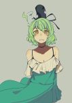  1girl absurdres adapted_costume ai_ken blush dress green_dress green_eyes green_hair hat highres looking_at_viewer short_hair smile soga_no_tojiko solo standing tate_eboshi touhou 