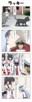  1boy 3girls 4koma absurdres black_cat black_hair blank_eyes blue_hair bowing breasts brown_hair building cat closed_eyes comic detached_sleeves dress epaulettes eyebrows_visible_through_hair fusou_(kantai_collection) grey_cat grin hair_between_eyes hair_ornament hair_tie hallway hand_on_hip hat headgear highres japanese_clothes kantai_collection large_breasts little_boy_admiral_(kantai_collection) long_hair long_sleeves military military_hat military_uniform multiple_girls murakumo_(kantai_collection) necktie nontraditional_miko open_mouth oversized_clothes peaked_cap rappa_(rappaya) red_eyes sailor_dress shaded_face short_hair sidelocks skirt sleeves_past_wrists smile standing surprised thigh_strap translation_request uniform v_arms wide_sleeves yamashiro_(kantai_collection) 