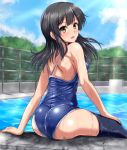  1girl :d alternate_costume arm_support ass bangs bare_arms bare_shoulders black_hair blue_sky blue_swimsuit blush breasts clouds crack day eyebrows_visible_through_hair fence floating_hair from_behind hair_ornament hairclip hand_on_own_thigh highres kantai_collection large_breasts long_hair looking_at_viewer looking_back open_mouth outdoors oyashio_(kantai_collection) poolside school_swimsuit shoulder_blades sidelocks sky smile solo swimsuit wet zanntetu 