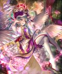  1girl :d blue_feathers boots feathered_wings feathers green_hair hair_between_eyes hair_feathers high_heel_boots high_heels holding indoors irua legs_crossed long_hair magic open_mouth shingeki_no_bahamut sitting smile solo striped thigh-highs thigh_boots vertical_stripes violet_eyes white_footwear white_wings wings 