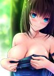  1girl akeyama_kitsune aozaki_aoko bare_shoulders blue_eyes blush breasts brown_hair cleavage collarbone large_breasts long_hair looking_at_viewer mahou_tsukai_no_yoru solo undressing wavy_mouth wet 