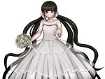  1girl alternate_costume bare_shoulders black_hair blush bouquet dangan_ronpa dress flower hair_ornament hair_scrunchie hairclip harukawa_maki holding holding_bouquet jewelry kurokku-tokei long_hair looking_at_viewer mole mole_under_eye new_dangan_ronpa_v3 official_style red_eyes ring scrunchie simple_background smile solo twintails very_long_hair wedding_dress wedding_ring white_background white_scrunchie 