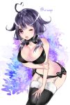  1girl black_legwear black_swimsuit blush breasts eyebrows_visible_through_hair floral_background hair_between_eyes hair_ornament kantai_collection large_breasts long_hair looking_at_viewer one_eye_closed open_mouth purple_hair red_eyes solo swimsuit taigei_(kantai_collection) thigh-highs twitter_username underwear viwop 