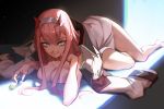 1girl :q backlighting barefoot breasts candy chin_rest darling_in_the_franxx eyeliner food green_eyes hairband highres horns jacket_on_shoulders james_ghio lollipop long_hair looking_at_viewer lying makeup medium_breasts naked_coat pink_hair sidelocks solo tongue tongue_out zero_two_(darling_in_the_franxx) 