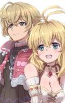  1boy 1girl blonde_hair blue_eyes breasts fiorun green_eyes highres long_hair nke_toumi short_hair shulk simple_background smile spoilers xenoblade_(series) xenoblade_1 xenoblade_2 