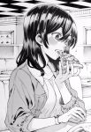  1girl black_hair blush commentary_request eating food highres indoors jacket medium_hair monochrome nakajima_ryou open_clothes open_jacket original pizza plate restaurant sitting solo table watch watch 