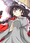  1girl ajirogasa aki_chimaki black_hair braid breasts capelet dress earlobes grey_dress hat highres long_hair long_sleeves looking_at_viewer red_capelet red_eyes smile solo touhou twin_braids wide_sleeves yatadera_narumi 