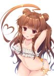  1girl absurdres ahoge armpits bad_anatomy bikini breasts brown_eyes brown_hair double_bun eyebrows_visible_through_hair hand_in_hair heart_ahoge highres huge_ahoge kantai_collection ko_yu kuma_(kantai_collection) long_hair medium_breasts navel side-tie_bikini simple_background smile solo swimsuit tongue tongue_out white_background 