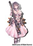  1girl armlet braid breasts brown_eyes brown_hair cleavage dress full_body gun hair_over_shoulder hat highres holding holding_gun holding_weapon large_breasts litgear looking_at_viewer medium_hair official_art pink_dress ribbed_dress smile solo standing striped striped_legwear tsuyukusa_aoi watermark weapon 