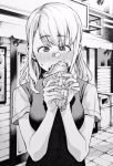  1girl blonde_hair blush canopy commentary_request crepe eating eyebrows_visible_through_hair food highres medium_hair nakajima_ryou original outdoors sidewalk solo trash_can upper_body vest 
