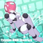  1boy absurdres android blush character_name daisuke_621 hair_over_eyes highres male_focus no_humans pink_hair robot robot_joints robot_neoanthropinae_polynian shamrock_(polynian) solo trap 