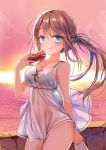  blue_eyes bra brown_hair cola dress hair_ribbon ribbon see-through stone_wall sunset tongue tongue_out underwear wall 