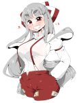  1girl absurdres bangs bow breasts collared_shirt cropped_legs eyebrows_visible_through_hair fujiwara_no_mokou grin hair_bow hands_in_pockets heart highres long_hair long_sleeves looking_at_viewer ofuda ofuda_on_clothes pants pocket red_eyes red_pants shirt sidelocks silver_hair simple_background smile solo standing suspenders takeu thick_eyebrows touhou upper_body very_long_hair white_background white_shirt wing_collar 