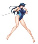  1girl bangs bare_legs bare_shoulders barefoot blue_hair breasts closed_mouth covered_navel curvy erect_nipples female fingernails full_body green_eyes highres holding holding_sword holding_weapon igawa_asagi kagami_hirotaka large_breasts lilith-soft long_hair looking_at_viewer official_art one-piece_swimsuit parted_lips reverse_grip shiny shiny_clothes shiny_skin simple_background solo swimsuit sword taimanin_(series) taimanin_asagi taimanin_asagi_zero thighs weapon white_background 