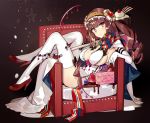  1girl 2017 bangs black_bow bow breasts brown_hair brown_hairband candy candy_cane chair cherry chocolate chocolate_syrup closed_mouth drill_hair elbow_gloves flower food frilled_hairband frills fruit full_body gloves hairband high_heels large_breasts long_hair looking_at_viewer merry_christmas ninomoto original pink_eyes red_flower red_footwear red_rose rose shoes smile solo star thigh-highs white_gloves white_legwear 