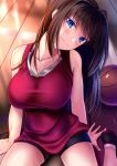  1girl akeyama_kitsune aozaki_aoko basketball blue_eyes breasts brown_hair collarbone commentary_request head_tilt large_breasts long_hair looking_at_viewer mahou_tsukai_no_yoru sitting solo wariza 