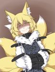  1girl animal_ears blonde_hair bound brown_background buckle dress evil_smile eyebrows_visible_through_hair fluffy_collar fox_ears fox_tail highres multiple_tails paran01d shaded_face signature simple_background smile solo squinting straitjacket tabard tail touhou upper_body white_dress yakumo_ran yellow_eyes yellow_fur 