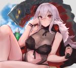  1girl azur_lane blue_sky breasts cleavage coat eyebrows_visible_through_hair fur_trim graf_zeppelin_(azur_lane) hair_between_eyes highres large_breasts long_hair looking_at_viewer mappaninatta open_clothes open_coat outdoors red_eyes see-through silver_hair sky sleeveless solo 