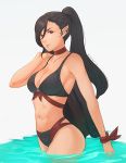  1girl artist_name bikini black_bikini breasts choker cleavage coat coat_removed earrings elezen elf eyebrows_visible_through_hair final_fantasy final_fantasy_xiv hilda_(ff14) hybrid jewelry koyorin large_breasts looking_at_viewer partially_submerged pointy_ears ponytail red_eyes smile solo standing swimsuit water 