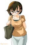  1girl adapted_costume alternate_costume bag bespectacled brown_eyes brown_hair commentary_request cowboy_shot glasses hair_ornament hairclip handbag highres hiryuu_(kantai_collection) kantai_collection leaning_forward long_skirt orange_shirt shirt short_hair simple_background skirt smile sogabe_toshinori solo white_background white_skirt 