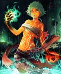  1girl artist_request black_skin breasts cygames dark_skin enkidu_(shadowverse) eyebrows_visible_through_hair fingernails full_body_tattoo glowing_tattoo green_eyes green_hair looking_at_viewer multicolored multicolored_skin navel official_art open_mouth partially_submerged shadowverse sharp_fingernails short_hair small_breasts solo stasis_tank tattoo 