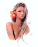  1girl artist_name bare_shoulders bikini blonde_hair bra breasts brown_hair cleavage flower grey_eyes hair_flower hair_ornament hair_over_one_eye headshot lips looking_at_viewer original ross_tran smile summer swimsuit tattoo tropical underwear upper_body white_background 