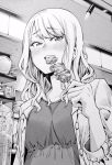  1girl alcohol beer beer_mug blonde_hair blush bowl commentary_request eating eyebrows_visible_through_hair food from_below highres indoors jacket kebab medium_hair monochrome nakajima_ryou open_clothes open_jacket original plate shelf sitting skewer solo 
