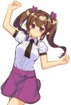  1girl ai_ken blush breasts brown_hair himekaidou_hatate long_hair low_twintails necktie pink_skirt pointy_ears shirt short_sleeves skirt solo touhou twintails violet_eyes white_shirt 