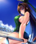  1girl akeyama_kitsune aozaki_aoko ass blue_eyes breasts brown_hair cup cutoff_jeans cutoffs drinking_straw large_breasts long_hair looking_at_viewer mahou_tsukai_no_yoru short_shorts shorts sideboob sitting_on_railing solo spaghetti_strap 