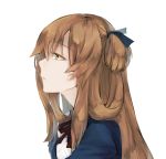  1girl bangs blazer blue_jacket blue_ribbon breasts brown_hair eyebrows_visible_through_hair girls_frontline green_eyes hair_between_eyes hair_over_shoulder hair_ribbon hair_rings half-closed_eyes highres jacket ki_lllorz long_hair looking_afar m1903_springfield_(girls_frontline) parted_lips ponytail profile ribbon shirt sidelocks simple_background solo upper_body white_background white_shirt 