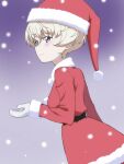  1girl bangs blue_eyes blush christmas closed_mouth coat commentary_request eyebrows_visible_through_hair from_side fur-trimmed_coat fur_trim girls_und_panzer gloves hat kayabakoro light_smile long_sleeves looking_at_viewer red_coat santa_costume santa_hat short_hair silver_hair snowing solo standing white_gloves youko_(girls_und_panzer) 
