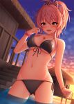  1girl :d bangs bare_shoulders bikini bikini_tug black_bikini blue_sky blush bow bracelet breasts cleavage clouds cloudy_sky collarbone evening eyebrows_visible_through_hair eyelashes fang front-tie_top hair_bow hand_up highres hips idolmaster idolmaster_cinderella_girls jewelry jougasaki_mika long_hair looking_at_viewer medium_breasts nail_polish navel nazu-na necklace open_mouth outdoors pink_hair ponytail purple_bow scrunchie side-tie_bikini sidelocks sky smile solo standing stomach striped striped_bow sunset swimsuit teeth thighs twilight wading waist water wet wrist_scrunchie yellow_eyes 