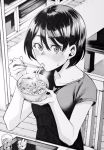  1girl aburaage black_hair blush bowl chair chopsticks drink eating food highres indoors kitsune_udon mole mole_on_neck monochrome nakajima_ryou noodles original short_hair sitting solo table tray udon 