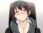  1girl armchair bangs black_hair blush breasts chair cleavage collarbone collared_shirt dress_shirt earrings formal green_eyes grey_jacket jacket jewelry large_breasts looking_at_viewer nose_blush original shinyashiki shirt short_hair solo suit upper_body white_shirt 